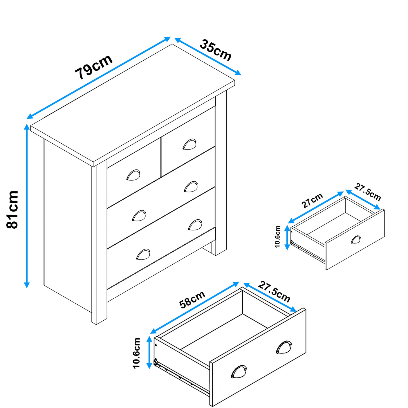 2 over 2 chest of drawers bedroom unit with dimensions 81cm height, 79cm width, and 35cm depth. Includes two small and two large drawers.