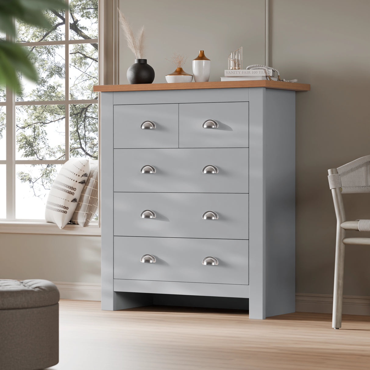 Grey shaker-style 5 drawer dresser with oak top, blending modern design with practical bedroom storage.