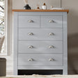 Grey 5 Drawer Chest of Drawers with shaker design and silver handles, offering elegant bedroom storage solution.