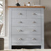 Grey 5 Drawer Chest of Drawers with shaker design and silver handles, offering elegant bedroom storage solution.