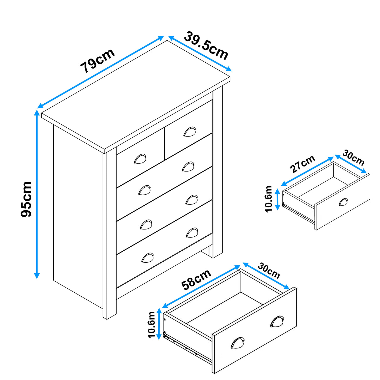 Technical drawing of grey 5 drawer chest with labeled dimensions, ideal for planning bedroom furniture layout.