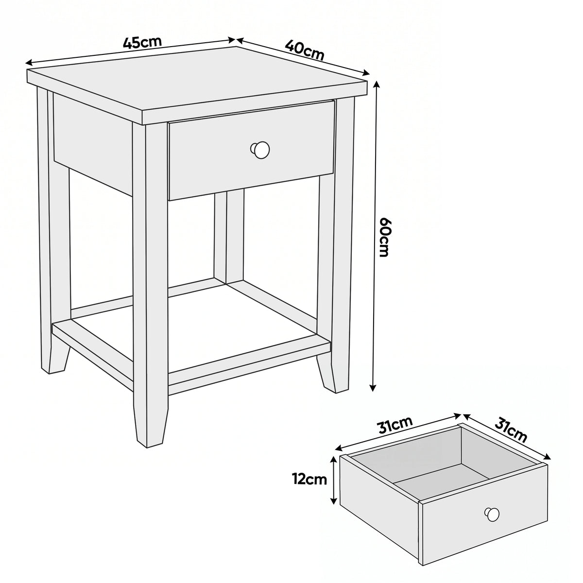 [Grey] Dimensions guide showing 45 cm width, 40 cm depth, 60 cm height and 31 x 31 x 12 cm drawer