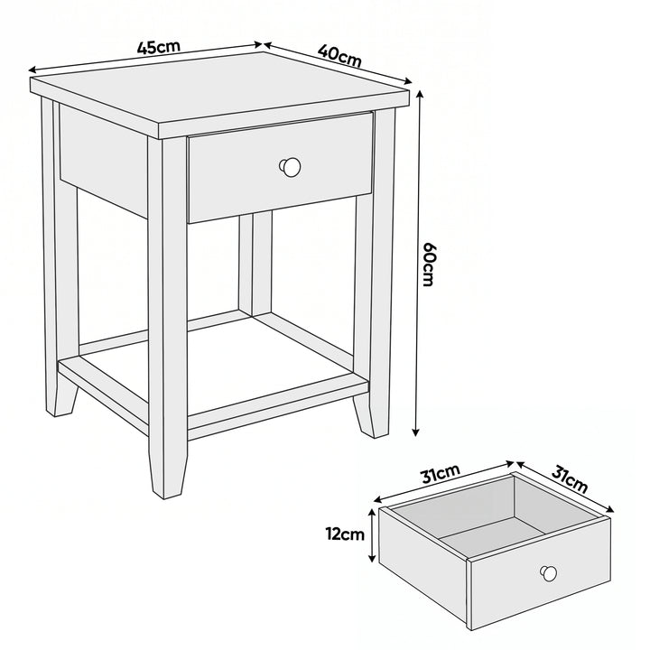 [Grey] Dimensions guide showing 45 cm width, 40 cm depth, 60 cm height and 31 x 31 x 12 cm drawer