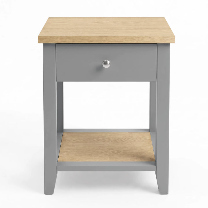 [Grey] Front view showing the bedside table with centered drawer, open lower shelf and oak-effect top