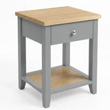 [Grey] Angled high view showing the bedside table with oak-effect top, drawer, open shelf and metal knob