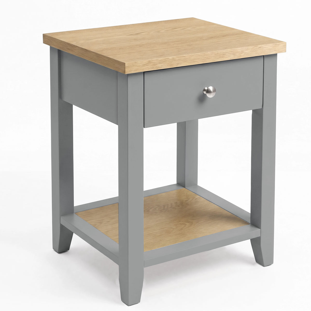 [Grey] Angled high view showing the bedside table with oak-effect top, drawer, open shelf and metal knob