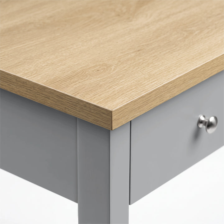 [Grey] Close-up of the oak-effect top edge, drawer front and round metal knob