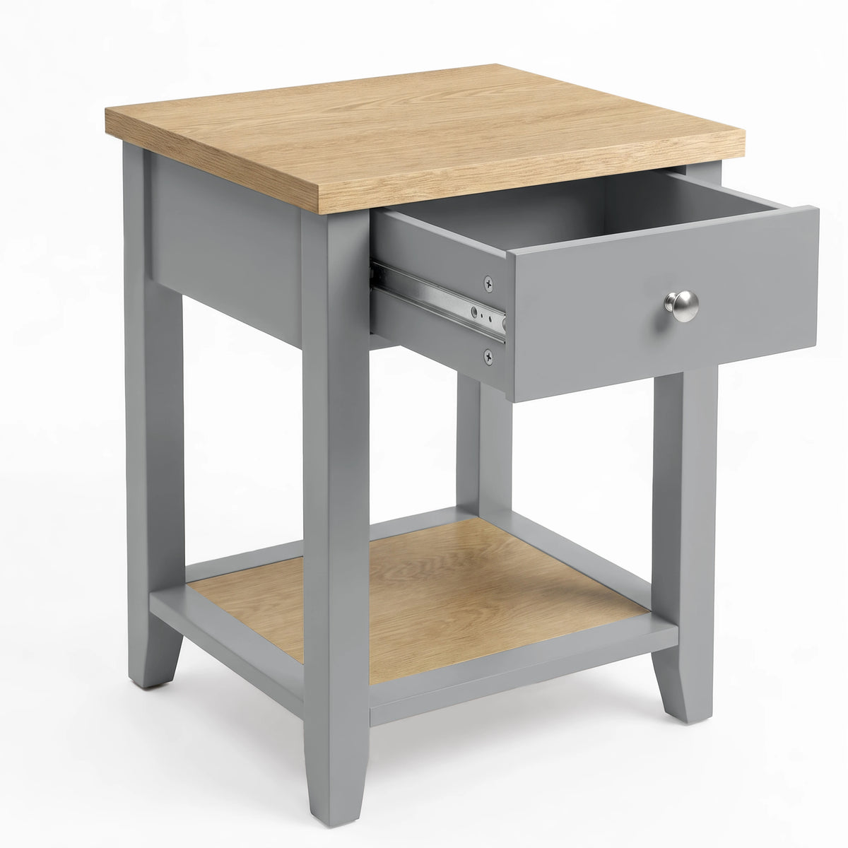 [Grey] Angled view with the pull-out drawer open and metal runners visible