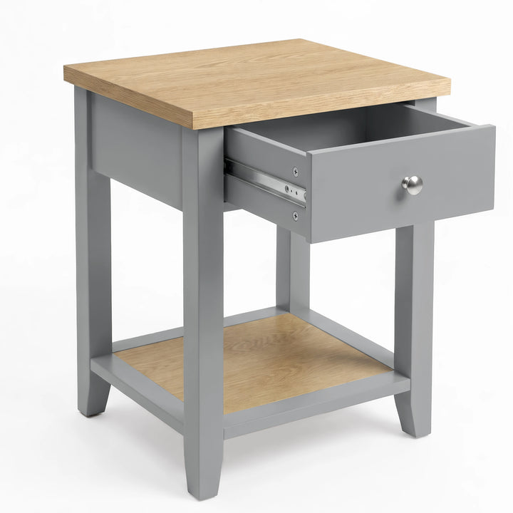 [Grey] Angled view with the pull-out drawer open and metal runners visible