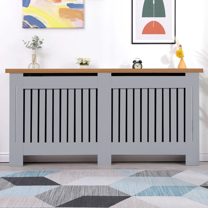 [Extra Large | Grey] Large Radiator Cover With Oak Top - Vertical Slatted Design in grey, blending with modern decor and providing radiator concealment.