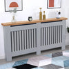 [Extra Large | Grey] Radiator Cover With Oak Top - Vertical Slatted Design in grey, styled with decor items, ideal for hallway or living room use.