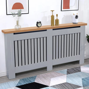 [Extra Large | Grey] Radiator Cover With Oak Top - Vertical Slatted Design in grey, styled with decor items, ideal for hallway or living room use.