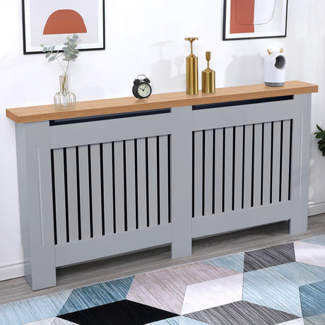 Extra large grey radiator covers with oak tops in a stylish living room, combining functionality with a premium aesthetic.