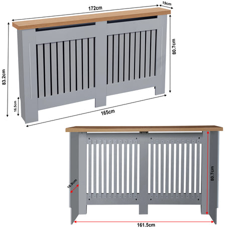 dimensions of wooden radiator cover in grey with oak top (WxDxH): outer 172 x 19 x 83.2 cm and inner  161.5 x 16.9 x 80.7 cm.
