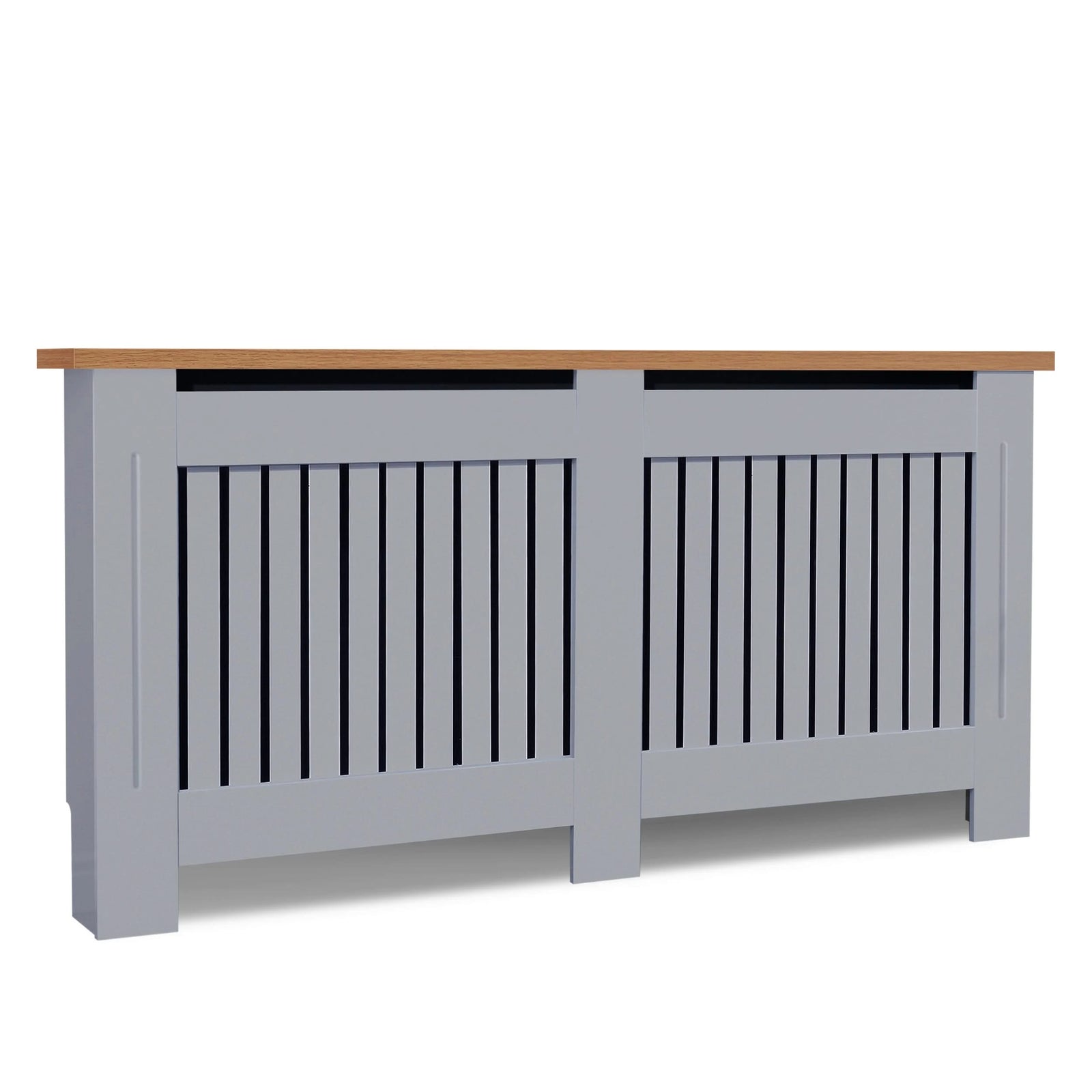 [Extra Large | Grey] Angled view of Radiator Cover With Oak Top - Vertical Slatted Design in grey MDF, suitable for stylish radiator concealment.