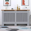 [Large | Grey] Modern grey Radiator Cover With Oak Top - Vertical Slatted Design enhancing living room aesthetics while covering heating units.