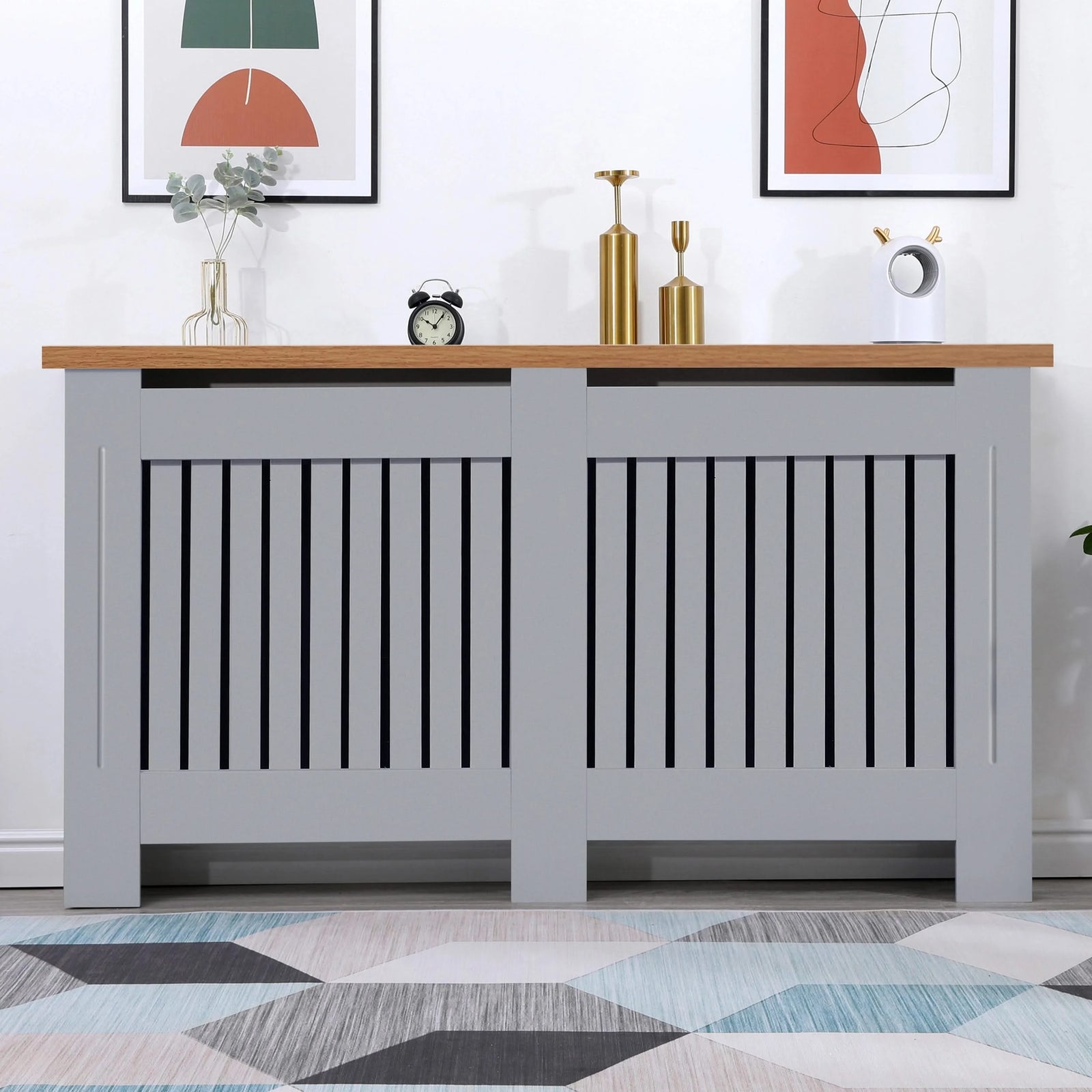 [Large | Grey] Modern grey Radiator Cover With Oak Top - Vertical Slatted Design enhancing living room aesthetics while covering heating units.