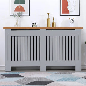[Large | Grey] Modern grey Radiator Cover With Oak Top - Vertical Slatted Design enhancing living room aesthetics while covering heating units.