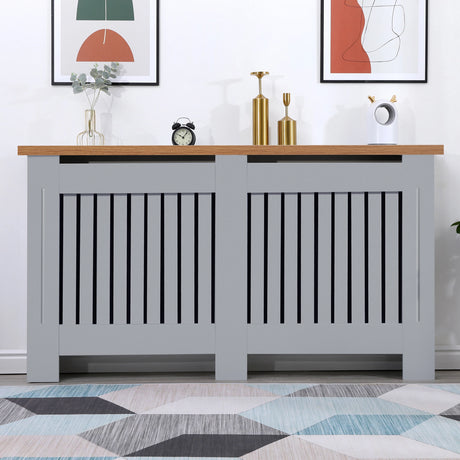 Large oak radiator covers in grey shown from the front in a living room, adding warmth and a clean finish to the decor.