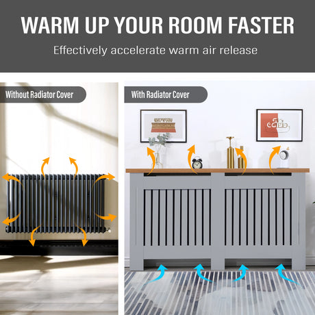 Hot air flow above large modern radiator covers in grey with oak top, maintaining heat efficiency with a sleek finish.