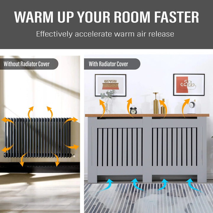 [Extra Large | Grey] Radiator Cover With Oak Top - Vertical Slatted Design | DHS demonstrating improved heat circulation with cover installed.