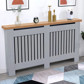 [Large | Grey] Stylish Radiator Cover With Oak Top - Vertical Slatted Design placed in a modern room, ideal for home heating decor and safety.