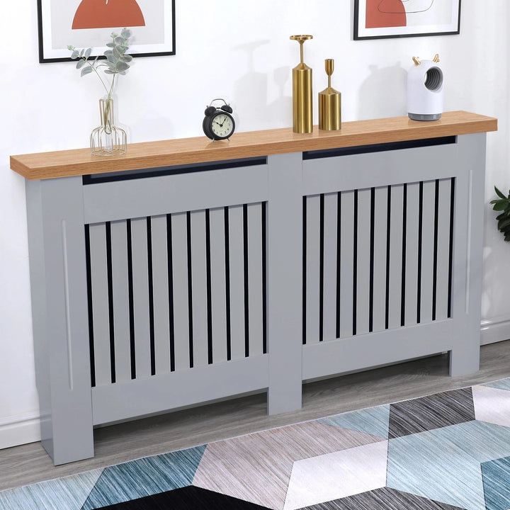 [Large | Grey] Stylish Radiator Cover With Oak Top - Vertical Slatted Design placed in a modern room, ideal for home heating decor and safety.