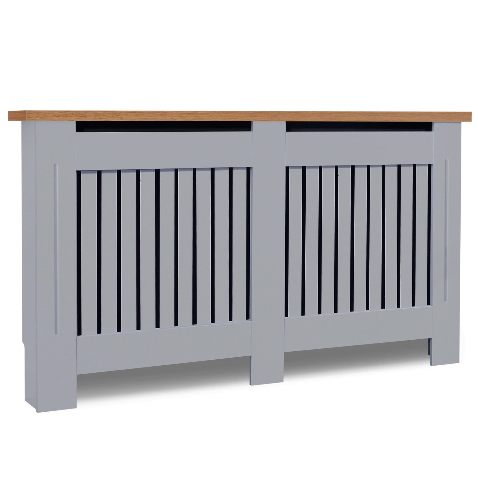 [Large | Grey] Side view of Radiator Cover With Oak Top - Vertical Slatted Design in grey MDF, perfect for concealing radiators in home interiors.