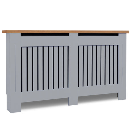 Tilted front view of large grey MDF radiator cover with oak top, made for stylish & safe radiator concealment.