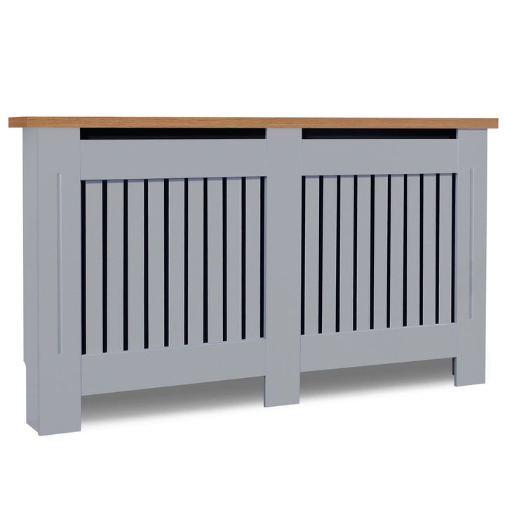 [Large | Grey] Side view of Radiator Cover With Oak Top - Vertical Slatted Design in grey MDF, perfect for concealing radiators in home interiors.