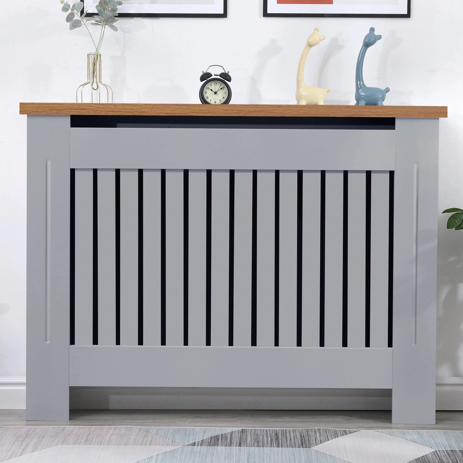 [Medium | Grey] Front-facing view of medium grey radiator cover with oak top, offering a clean and modern look for home interiors.