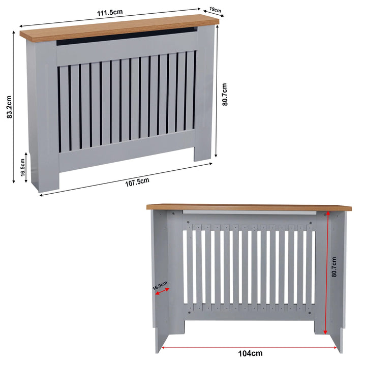 [Medium | Grey] Size chart for medium grey radiator cover with oak top, showing dimensions for accurate fitting in various room types.