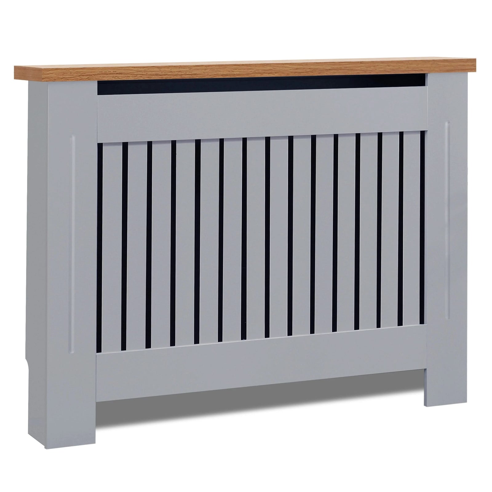 [Medium | Grey] Angled view of grey radiator cover with oak top and vertical slats, designed to conceal radiators while enhancing room aesthetics.