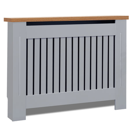 Tilted front angle of medium radiator covers in grey with oak top, ideal for enhancing any contemporary living space.