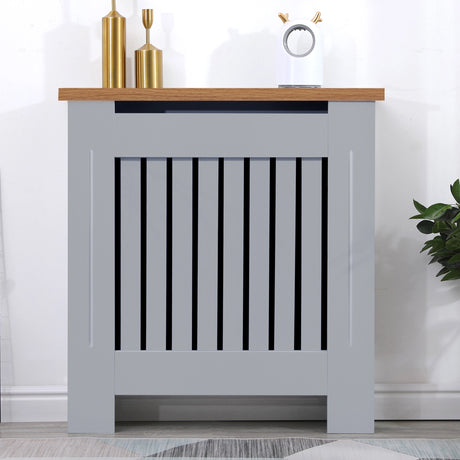 Front view of small radiator covers in grey with oak top, perfect for compact hallway or entryway spaces.