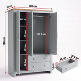[Grey] Dimension diagram for Shaker grey triple wardrobe showing height, width, depth, shelf spacing, and drawer measurements.
