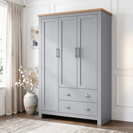 [Grey] Front view of Shaker grey triple wardrobe with 3 doors, 2 drawers, cup handles, and an oak top.