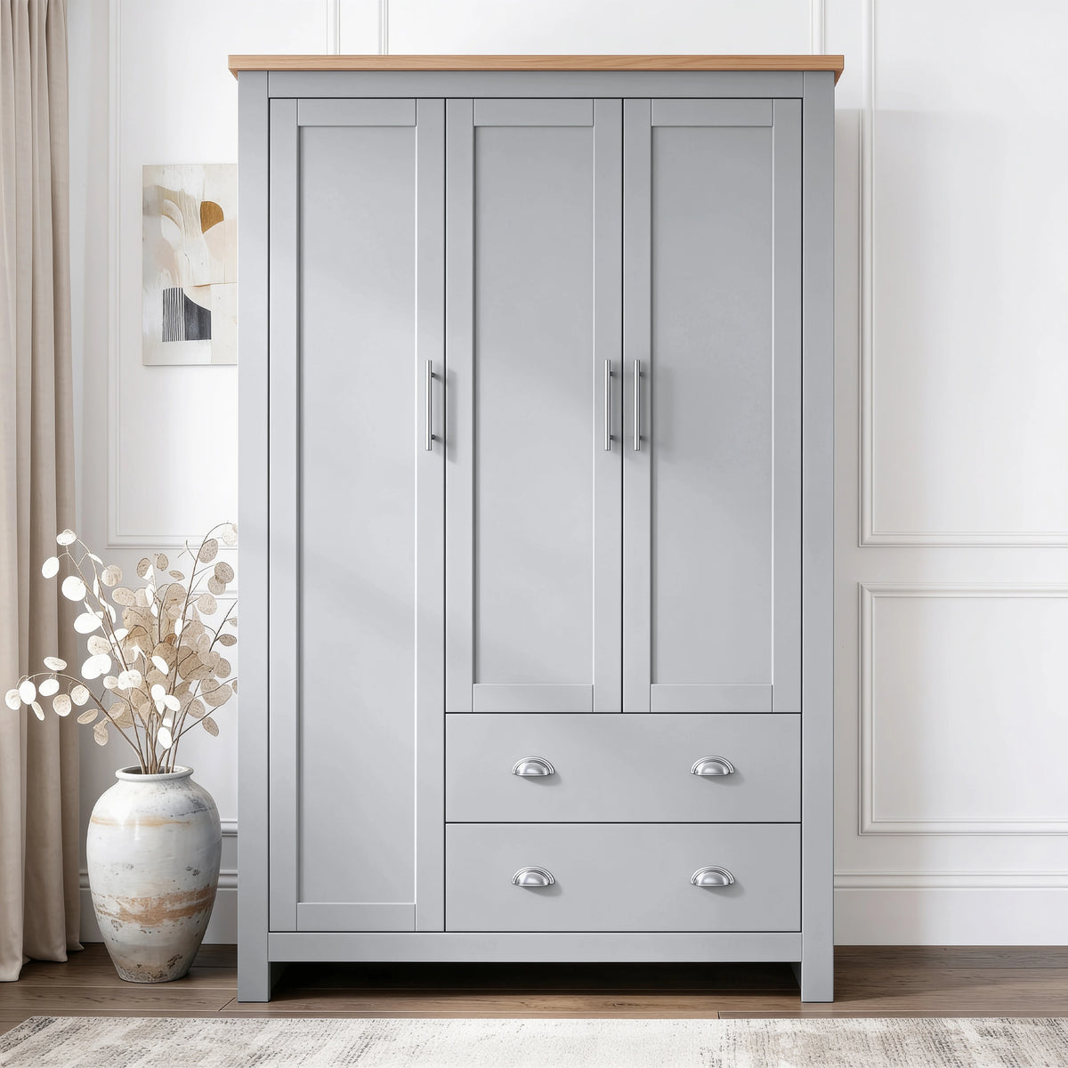 [Grey] Close-up view of the natural oak wood top and grey shaker cabinet finish on the triple wardrobe.