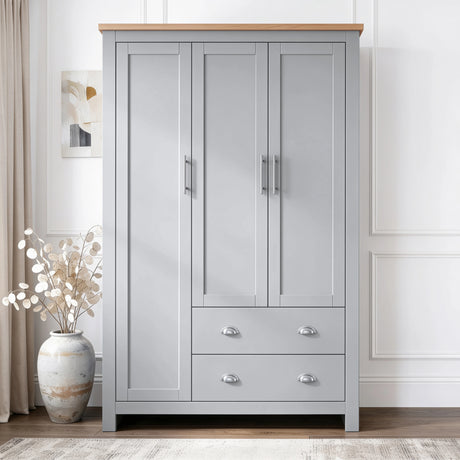 [Grey] Close-up view of the natural oak wood top and grey shaker cabinet finish on the triple wardrobe.