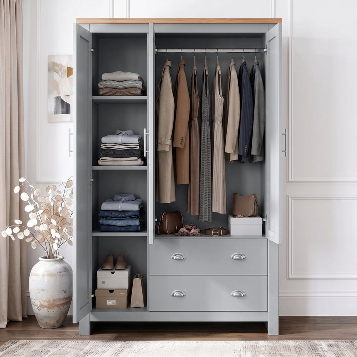 [Grey] Open Shaker-style grey triple wardrobe with internal shelves, a clothes hanging rail, and bottom drawers.