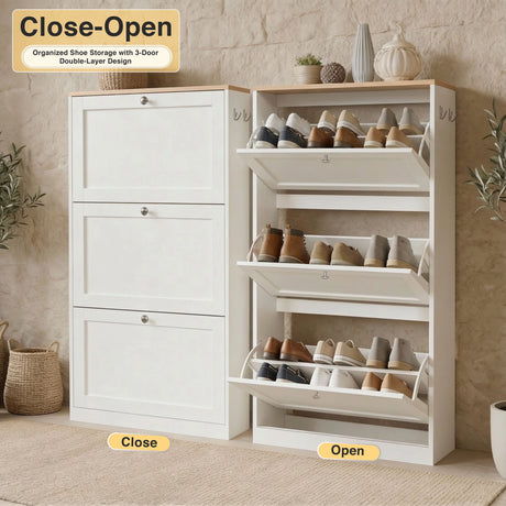 White cabinet interior displaying organised shoe compartments and storage capacity