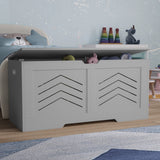 [Grey] Grey shaker toy box with lid open showing soft toys arranged inside next to teddy wall art