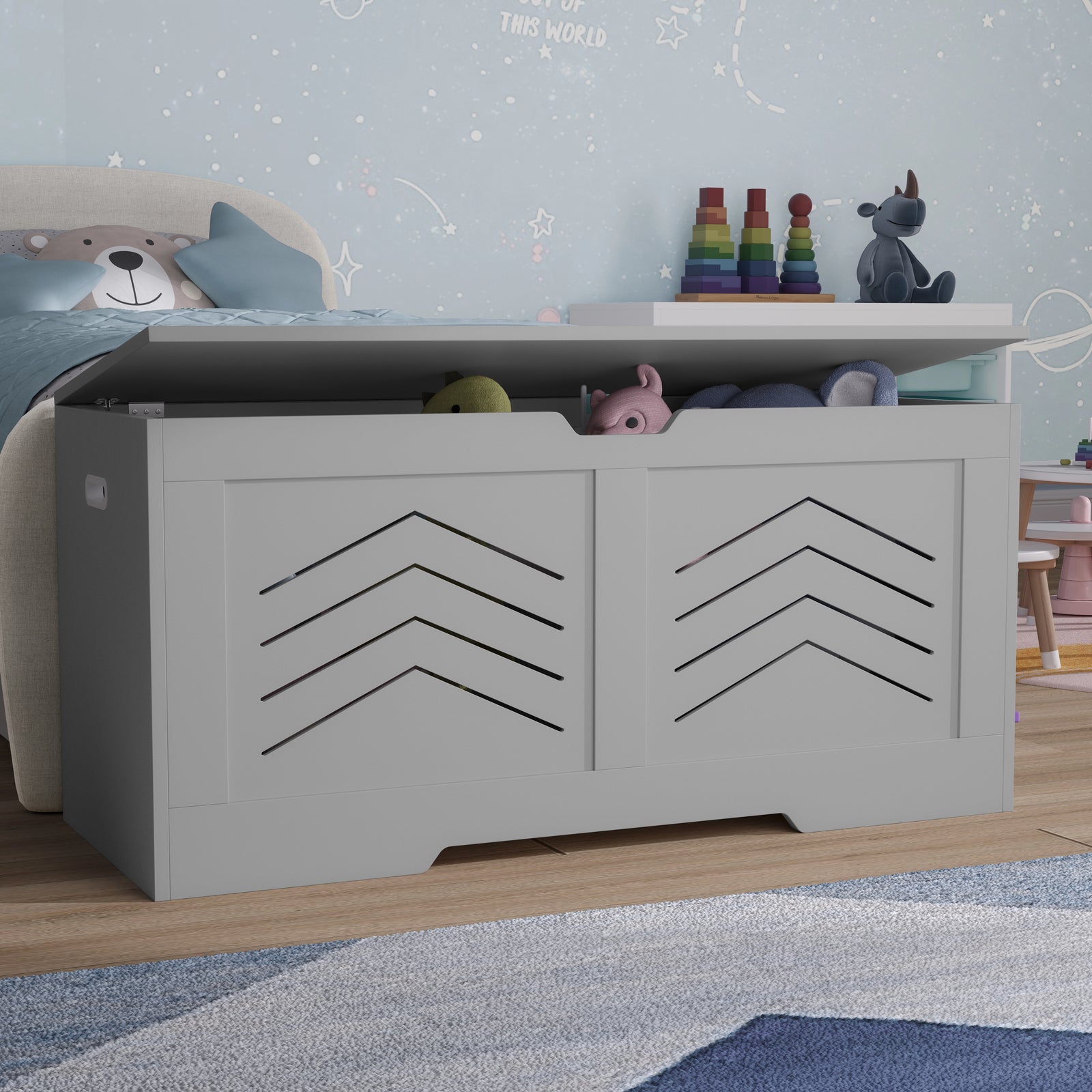 [Grey] Grey shaker toy box with lid open showing soft toys arranged inside next to teddy wall art