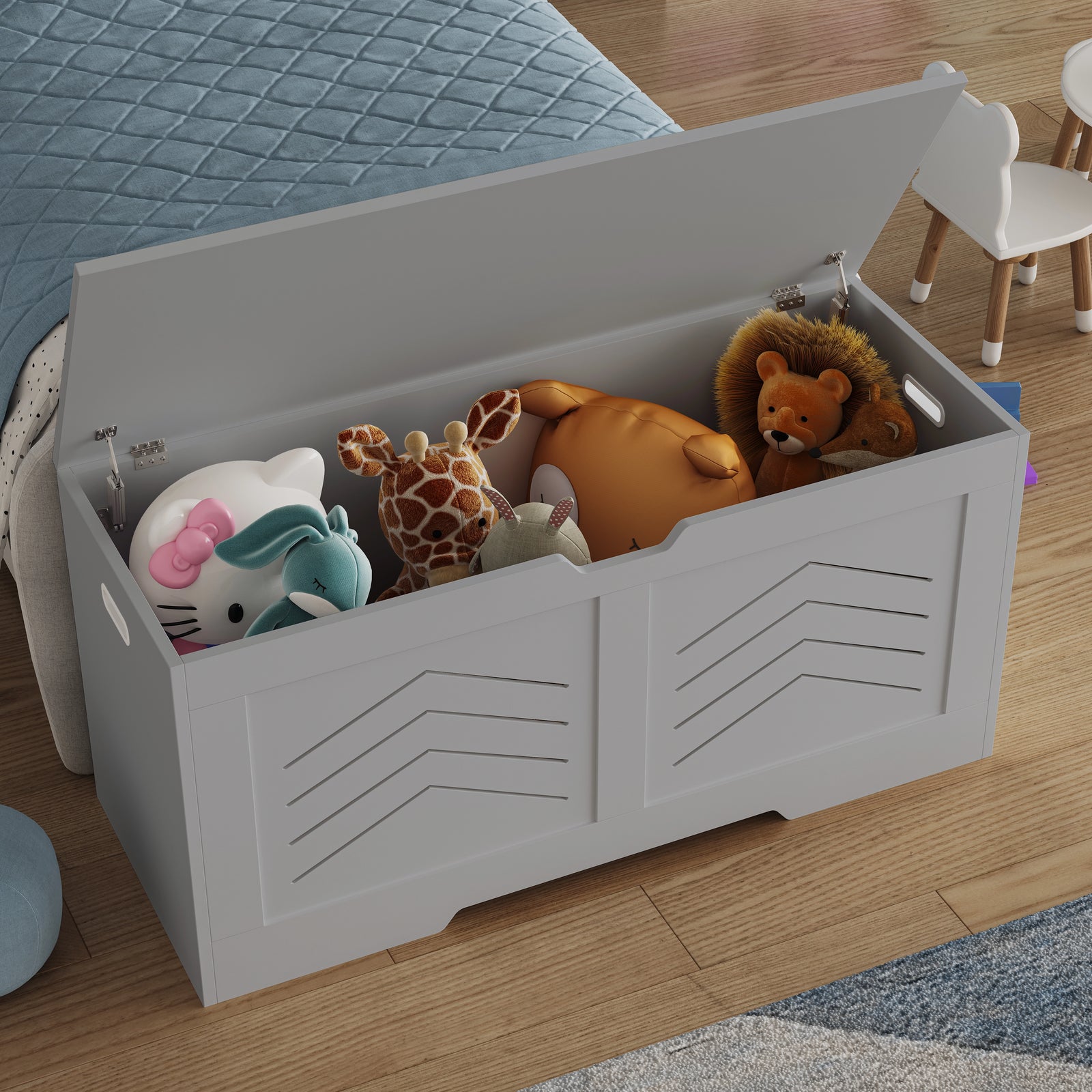 [Grey] Top-angled shot of grey shaker toy box with lid raised, interior holding mixed plush animals