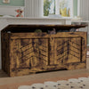[Rustic] Front-angle view of rustic shaker toy box, lid raised, interior packed with plush toys