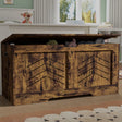 [Rustic] Front-angle view of rustic shaker toy box, lid raised, interior packed with plush toys