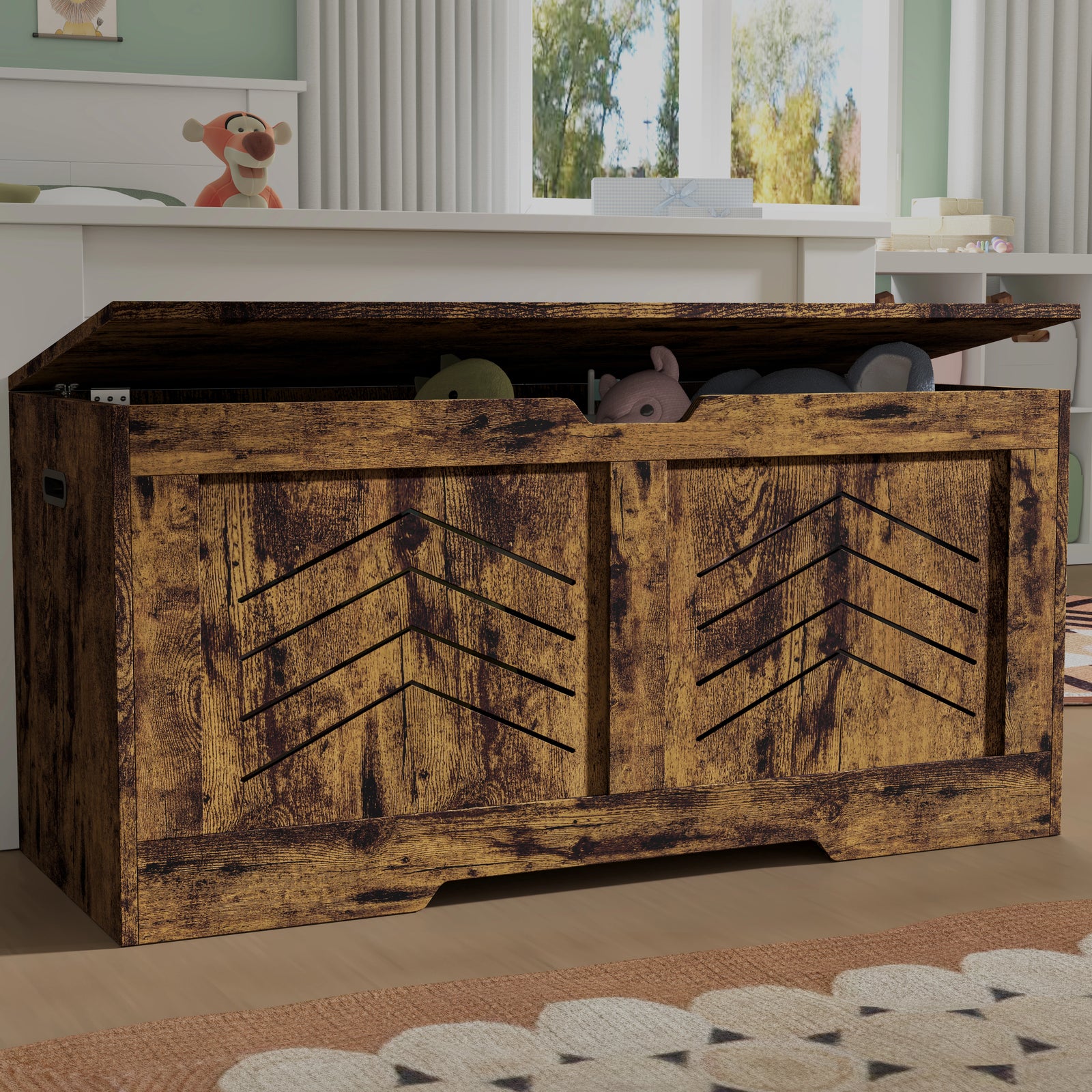 [Rustic] Front-angle view of rustic shaker toy box, lid raised, interior packed with plush toys