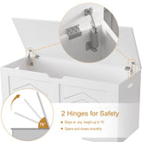 [White] Two safety hinges shown on white shaker toy box, lid raised and supported at 75 degrees