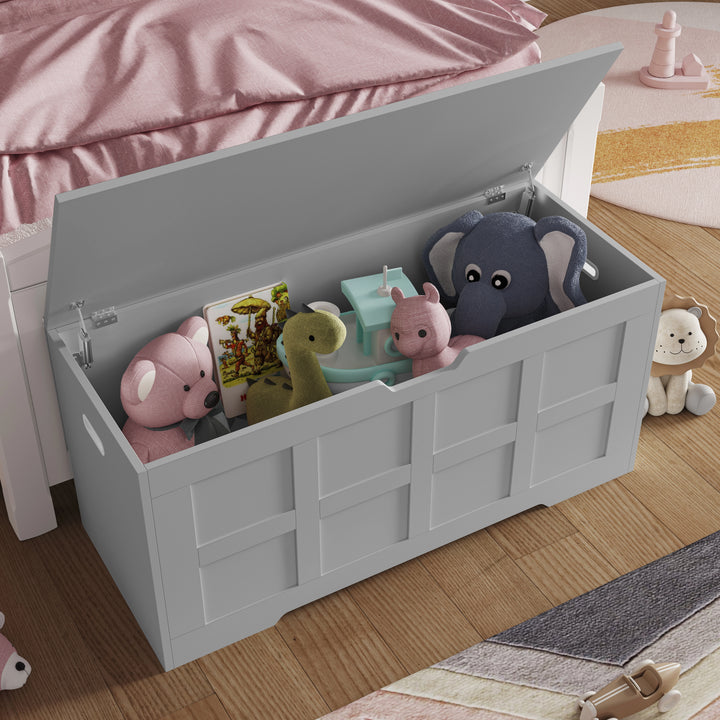 [Grey] Grey shaker toy storage box open with stuffed elephant, pig, dinosaur and rabbit toys inside