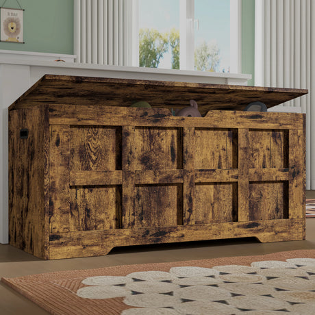 [Rustic] Front-angled rustic toy storage box, grain visible across grid panels, lid raised at rear
